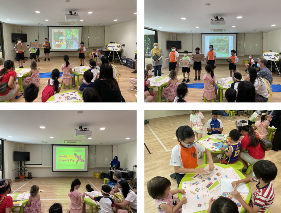 Children participate in a classroom activity with presentations on recycling, seated at green tables with worksheets.