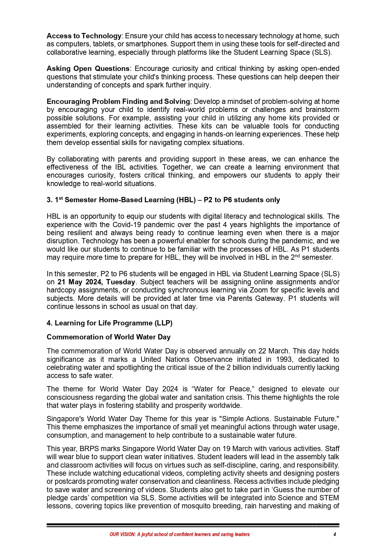 Page 4 of a school newsletter with sections on Home-Based Learning and World Water Day programme details.