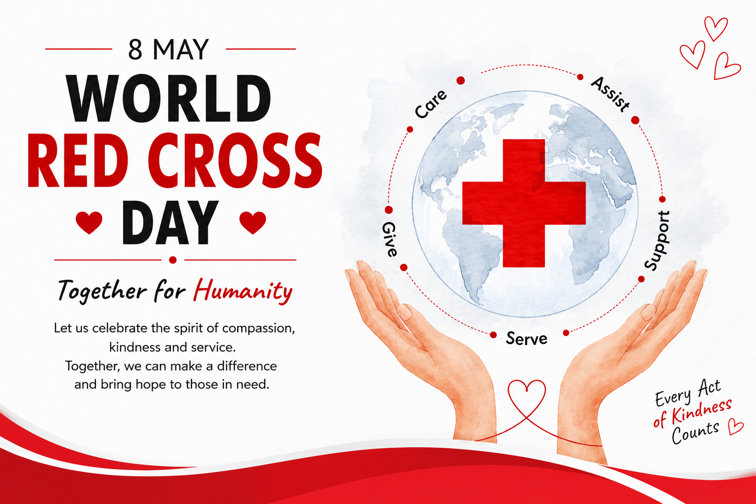 Poster for World Red Cross Day on 8 May showing two hands holding a globe with a red cross symbol.