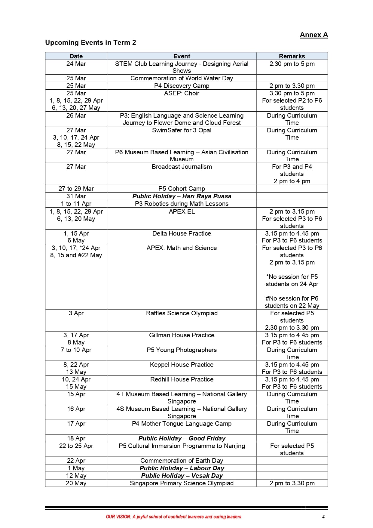 Table labeled Annex A listing upcoming Term 2 school events with dates from March to May and remarks on timing.