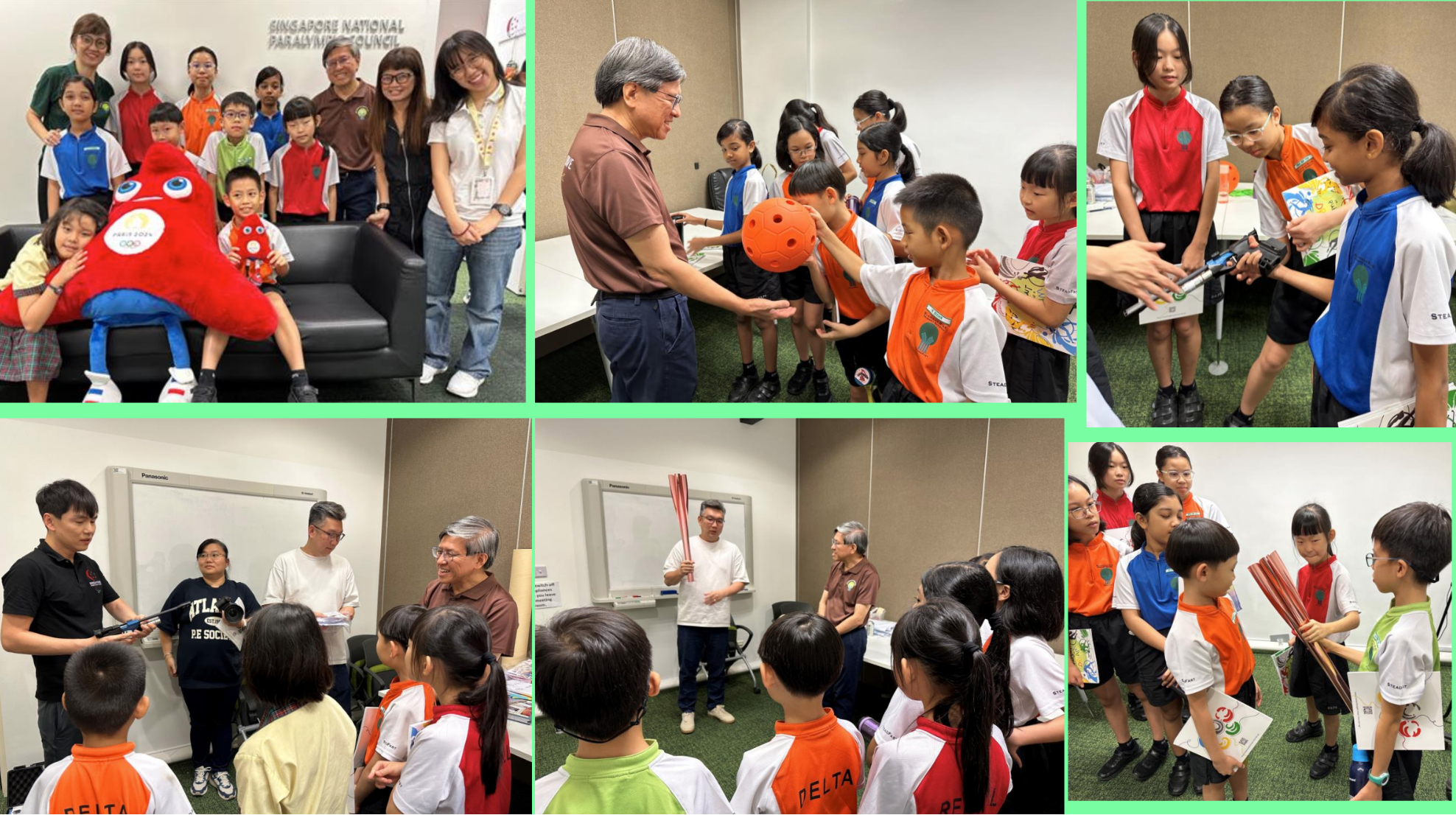 Six photos of children and adults at the Singapore National Paralympic Council, posing and interacting with sports items.