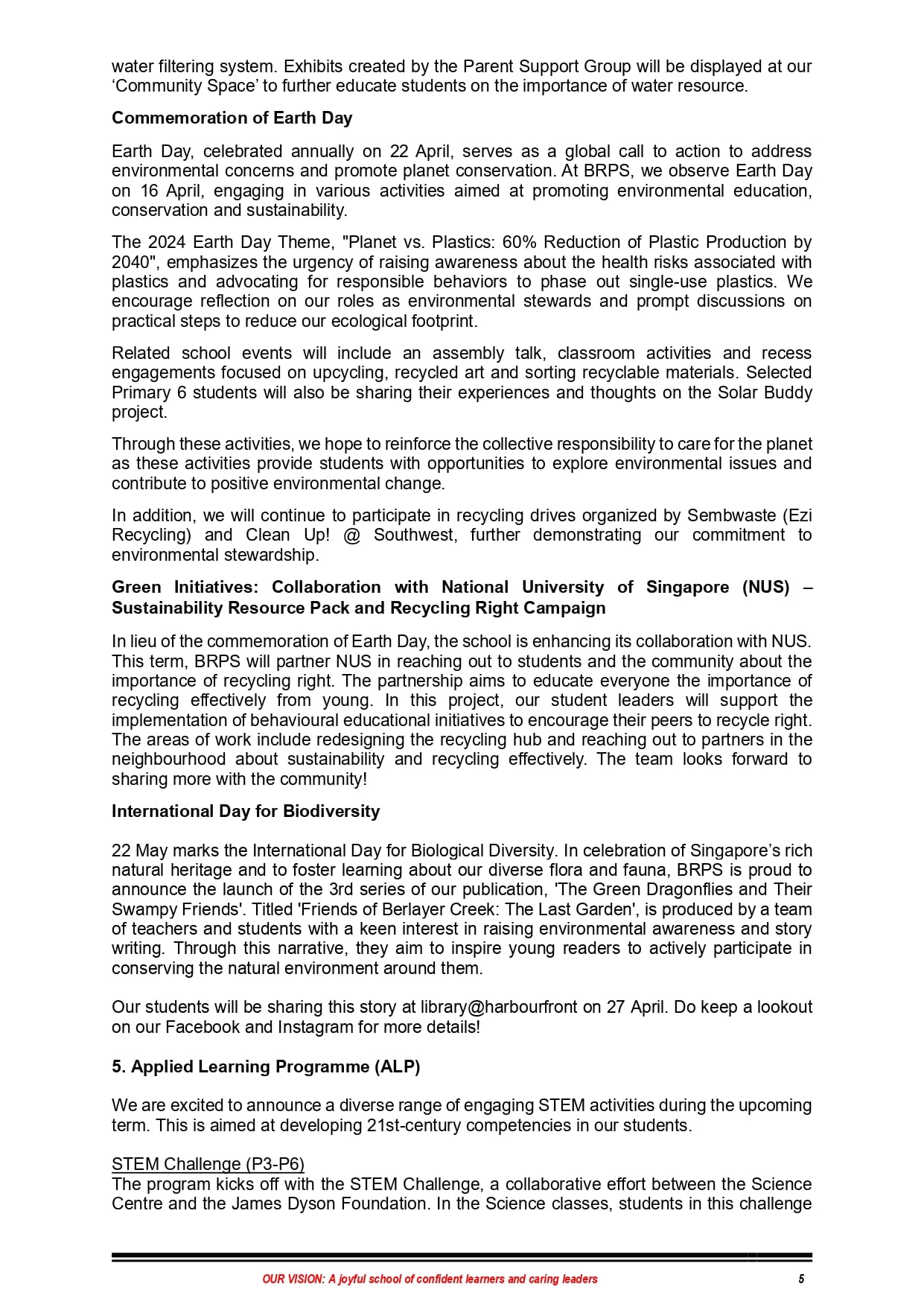Page 5 of a school newsletter covering Earth Day, green initiatives, biodiversity, and Applied Learning Programme activities.
