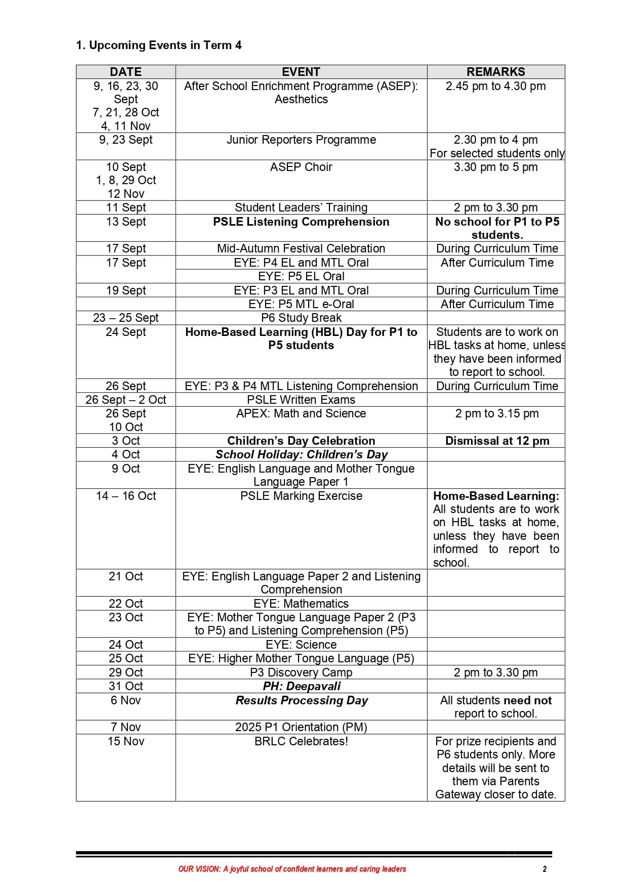 Table listing upcoming Term 4 school events with dates from September to November and remarks on times and requirements.