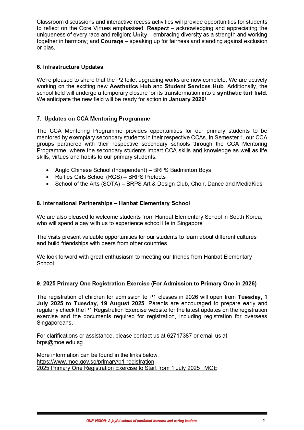 Page 3 of a school newsletter covering infrastructure updates, CCA mentoring, international partnerships, and P1 registration.