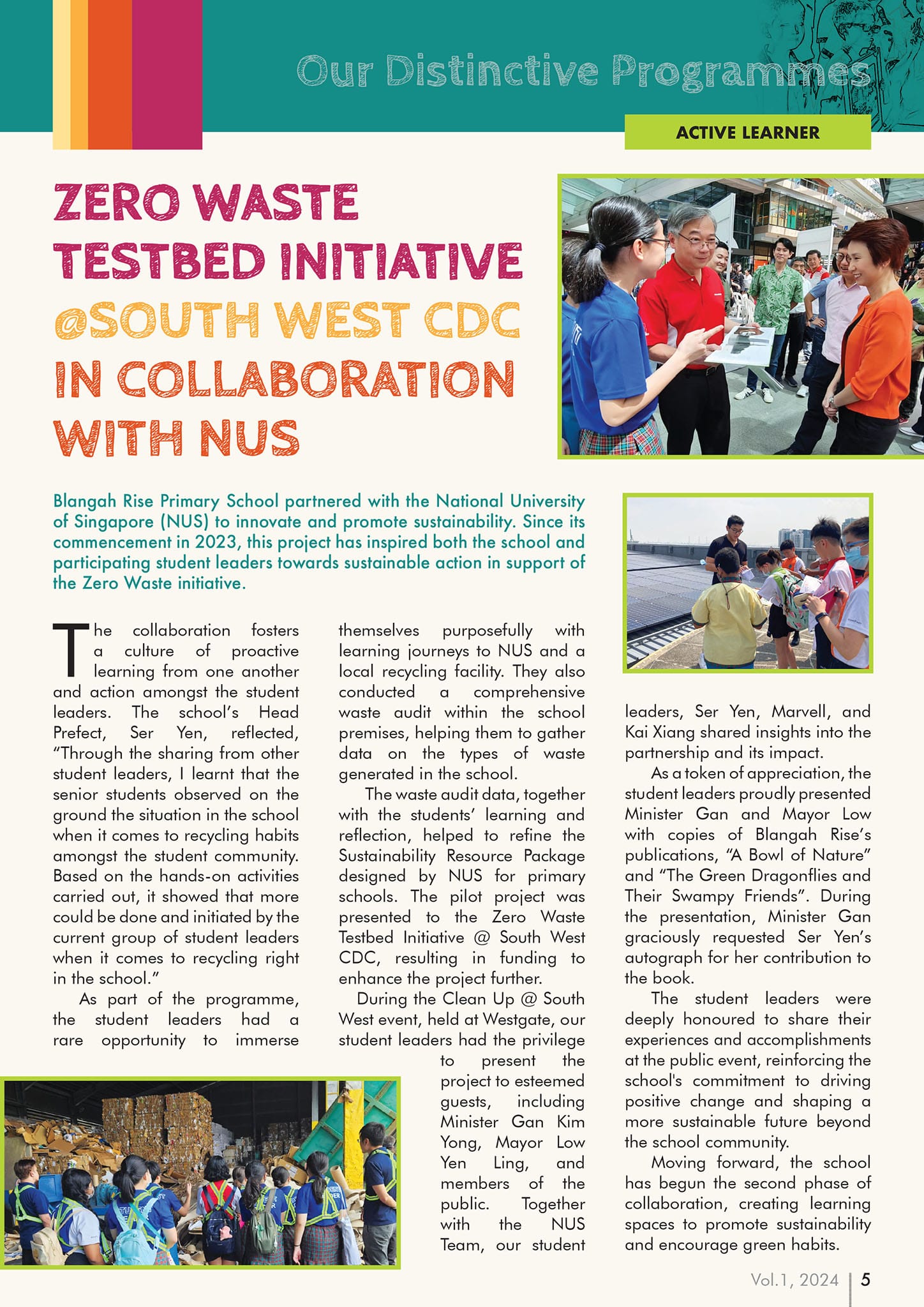 Newsletter page titled Zero Waste Testbed Initiative featuring photos of students and officials at a sustainability event.