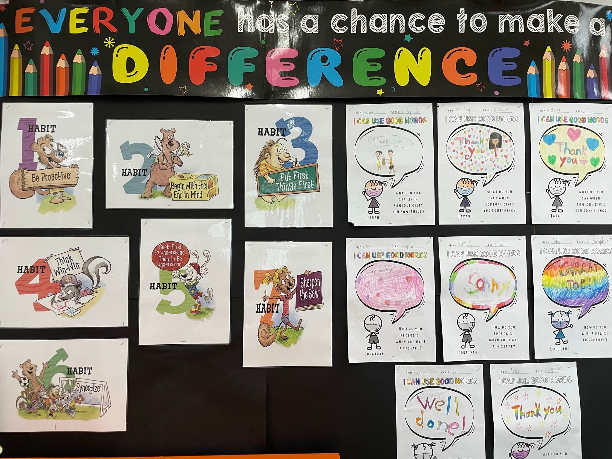 Classroom bulletin board showing 7 Habits posters and student "I Can Use Good Words" activity sheets with drawings.