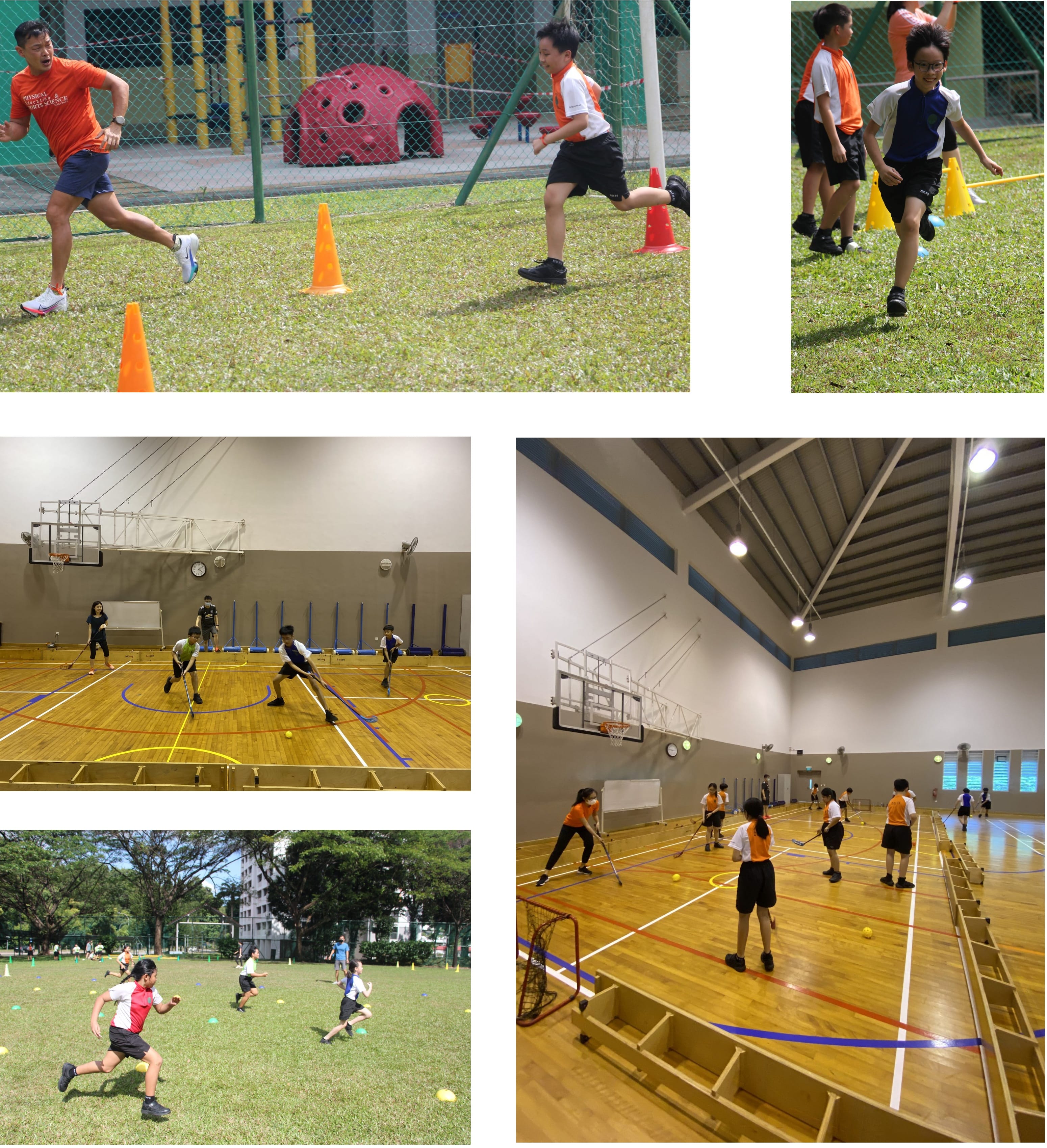 Children and adults playing sports outdoors with cones and indoors on a wooden court with hockey sticks.