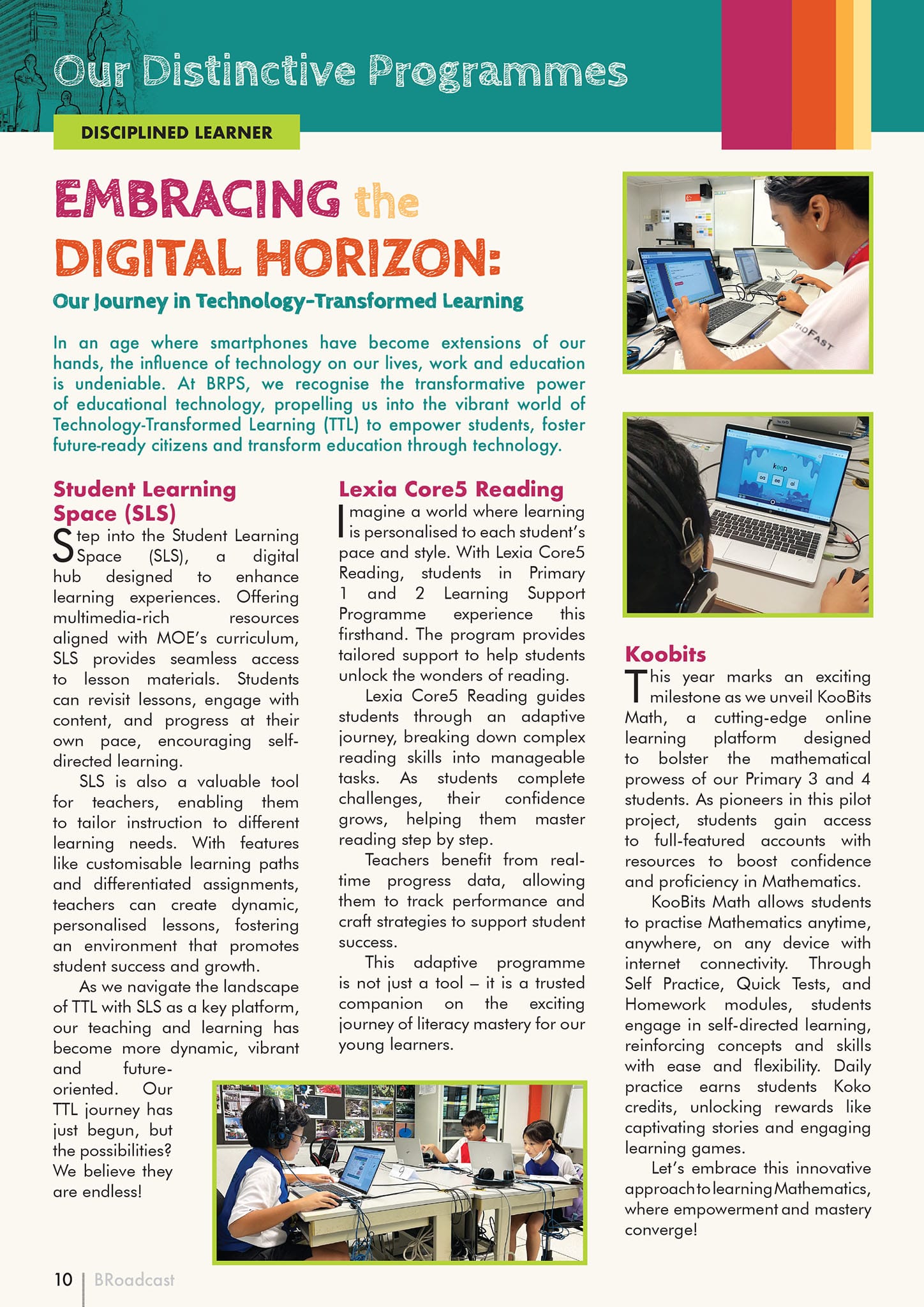 A school newsletter page titled "Embracing the Digital Horizon" about technology-transformed learning programmes.