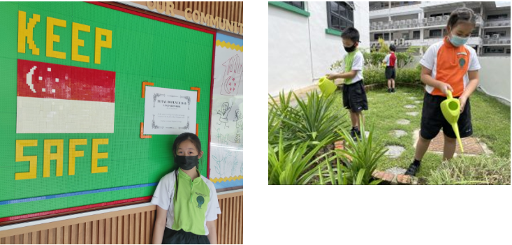 A masked child stands by a Keep Safe sign; two masked children water plants in a school garden.