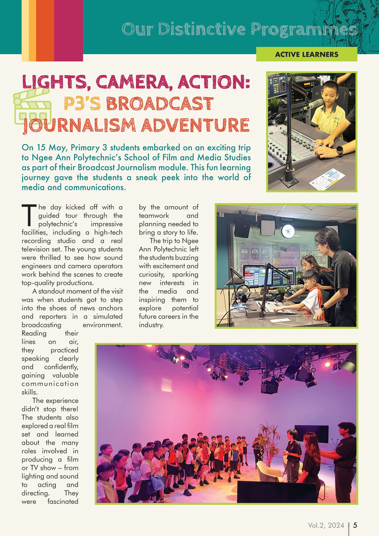 School newsletter page showing Primary 3 students visiting a broadcast studio with colorful stage lighting.