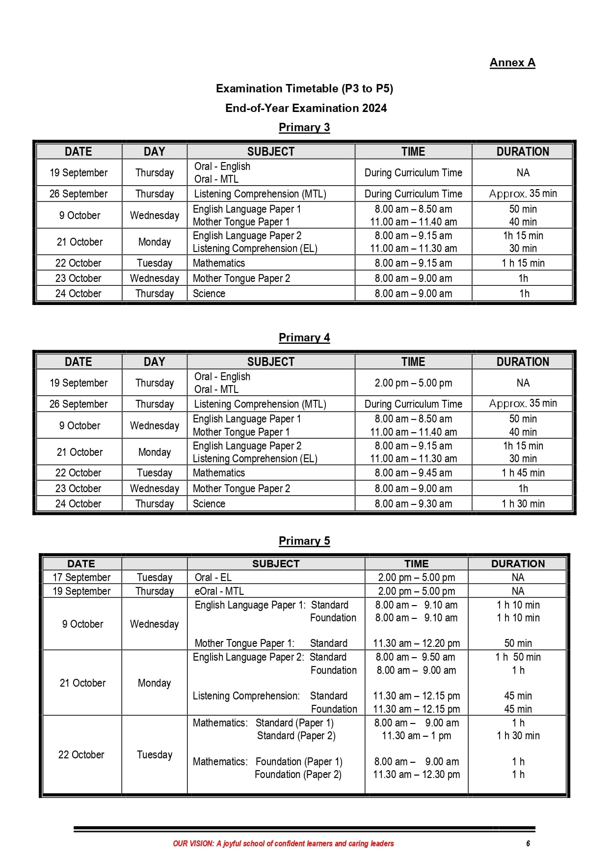 Examination timetable for Primary 3 to 5 End-of-Year 2024 showing dates, subjects, times, and durations.
