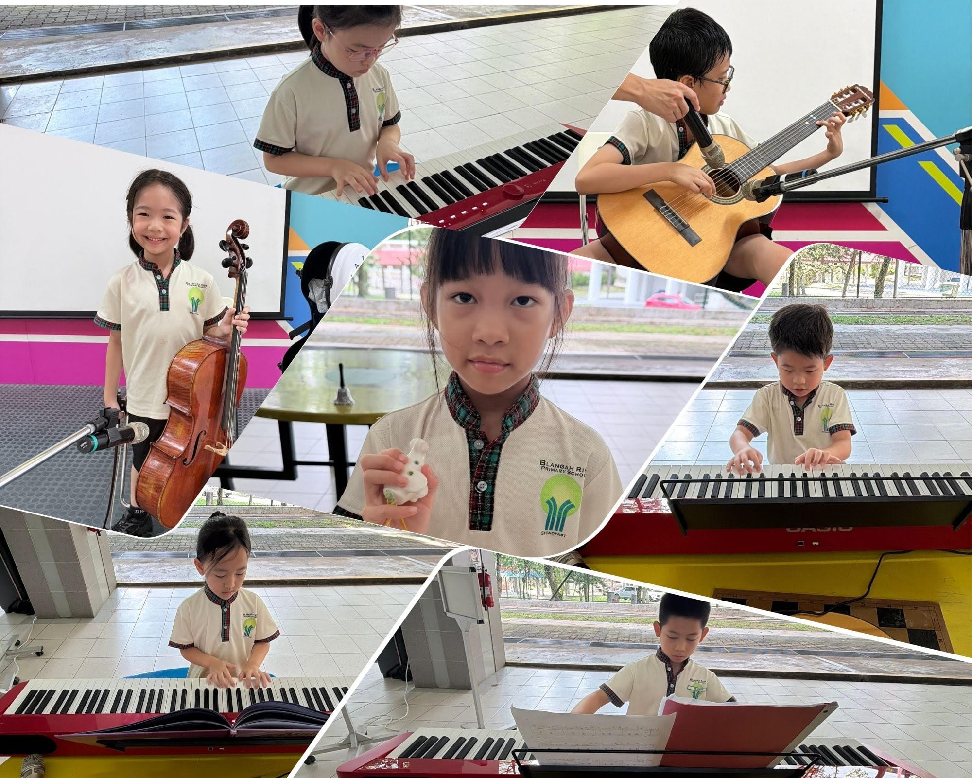 Collage of young students in school uniforms playing keyboard, guitar, and cello instruments outdoors.