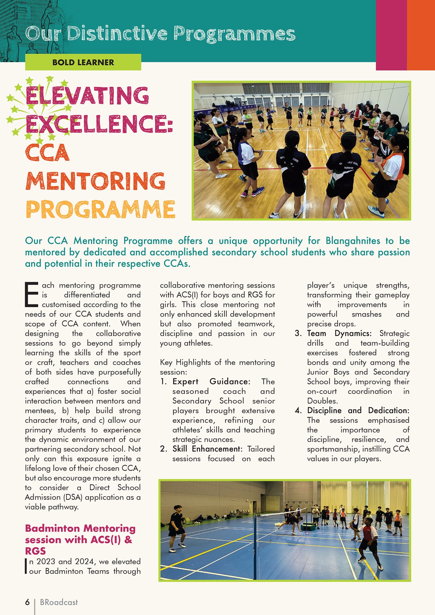 School newsletter page about a CCA Mentoring Programme, featuring photos of students training on badminton courts.