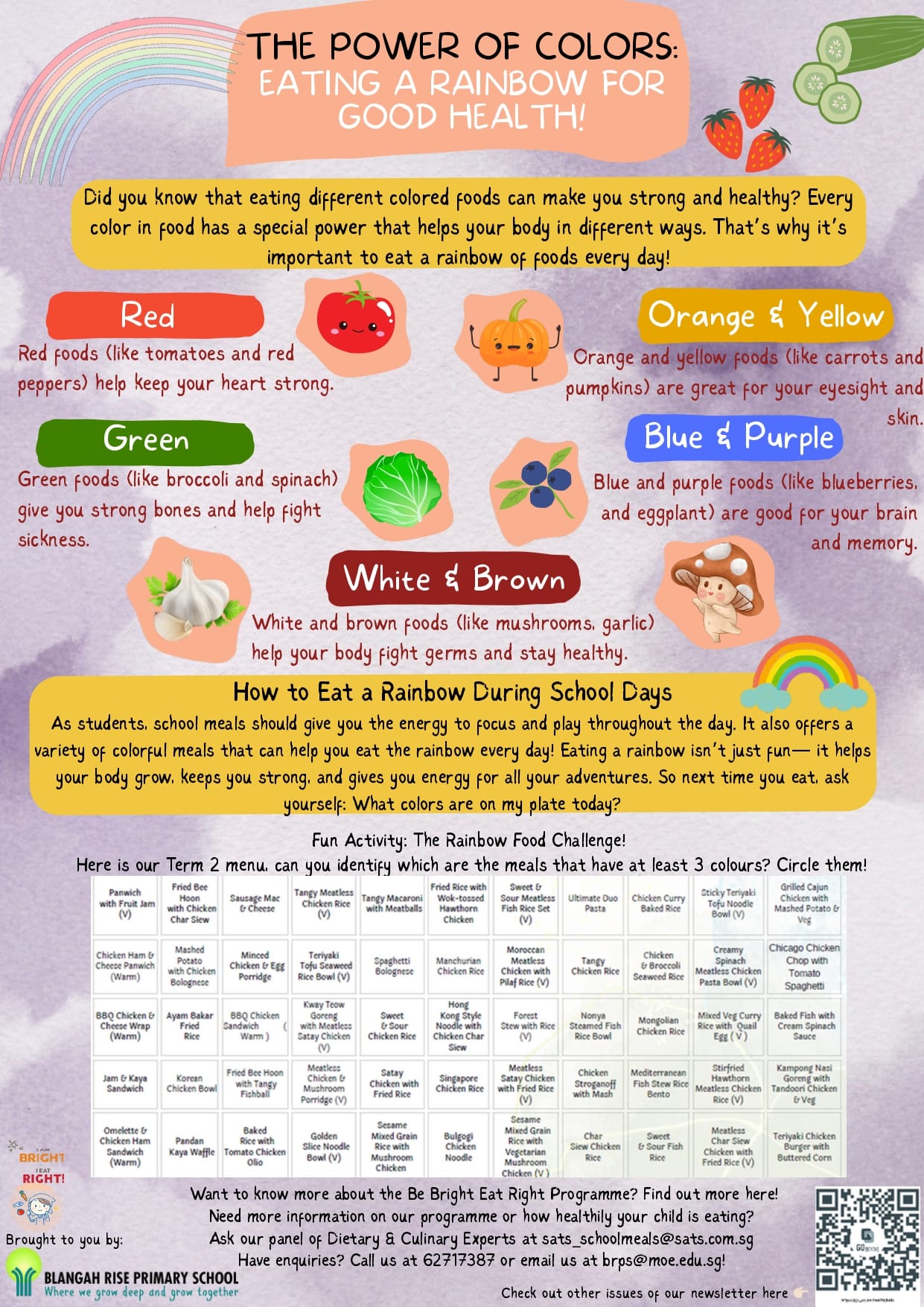 Colorful health infographic about eating rainbow foods, listing red, orange, yellow, green, blue, purple, white, and brown food benefits.
