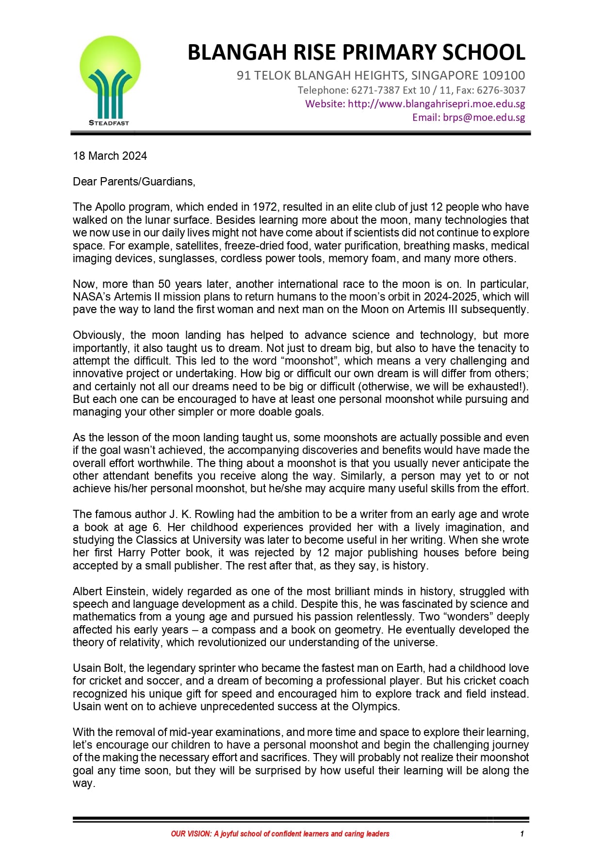 Official letter from Blangah Rise Primary School dated 18 March 2024 addressed to parents about moonshot goals.