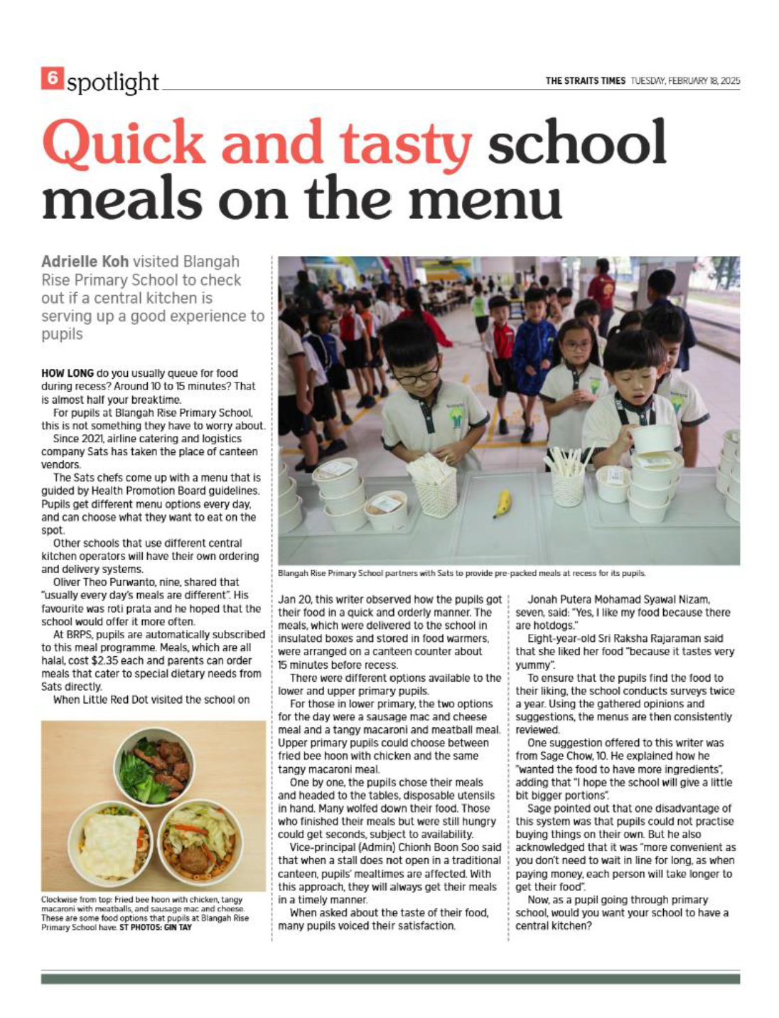 Straits Times article titled "Quick and tasty school meals on the menu" with photos of pupils and food.