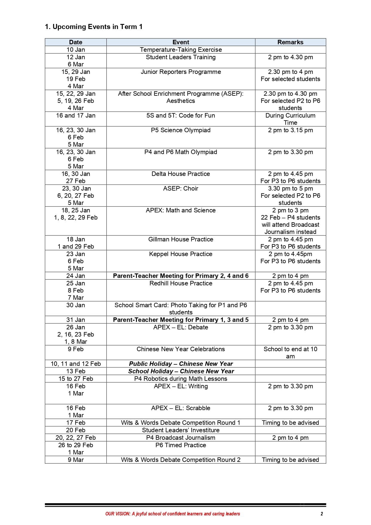 Table listing upcoming school Term 1 events with dates and remarks, including activities from January to March.