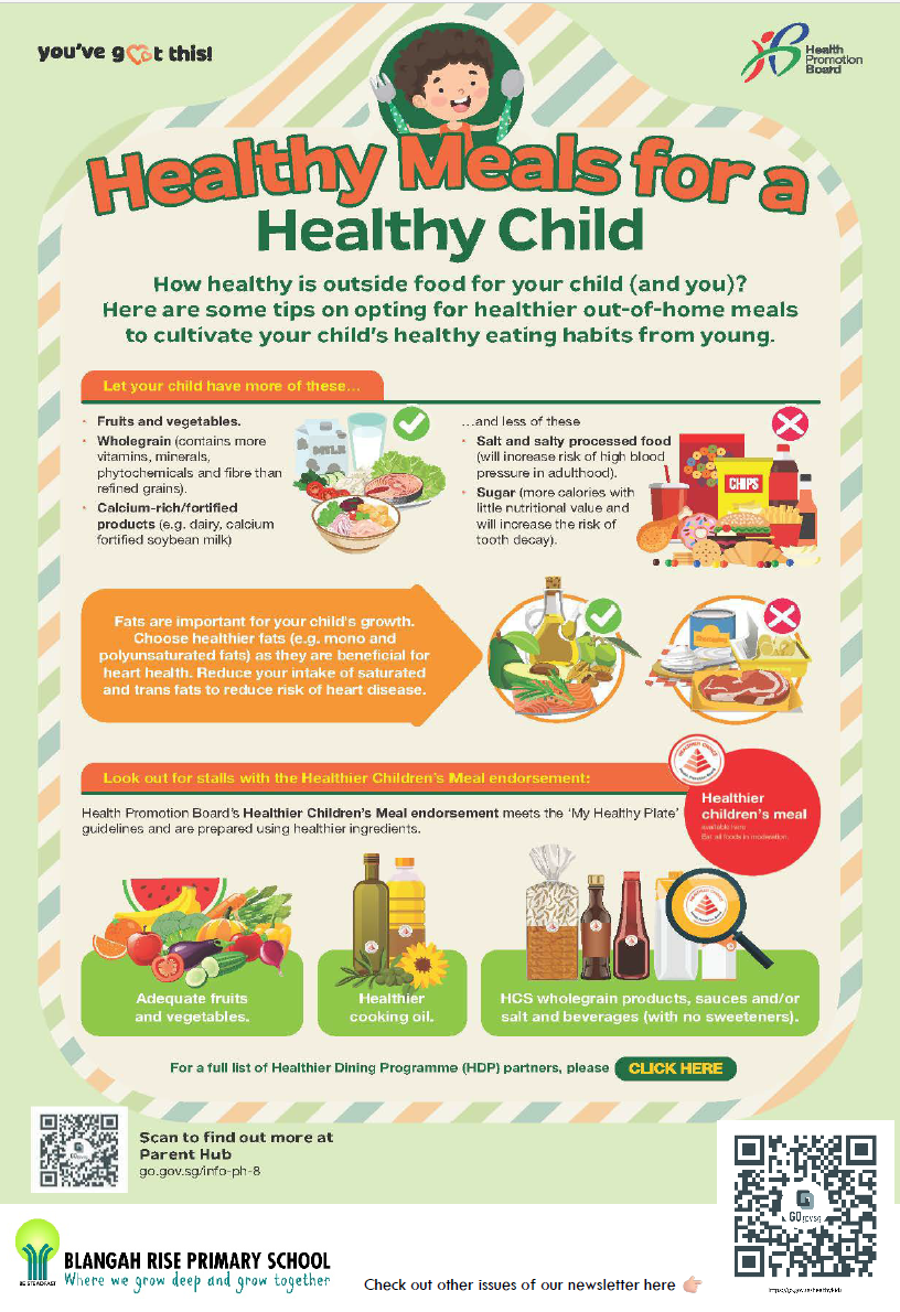 Health Promotion Board infographic on healthy meals for children, showing recommended and avoid foods with tips.