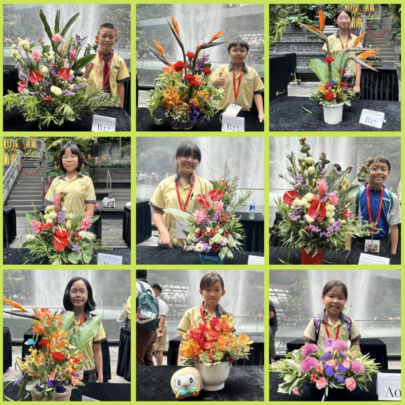 Nine children in yellow uniforms pose individually with their colorful floral arrangements at what appears to be a youth flower competition.