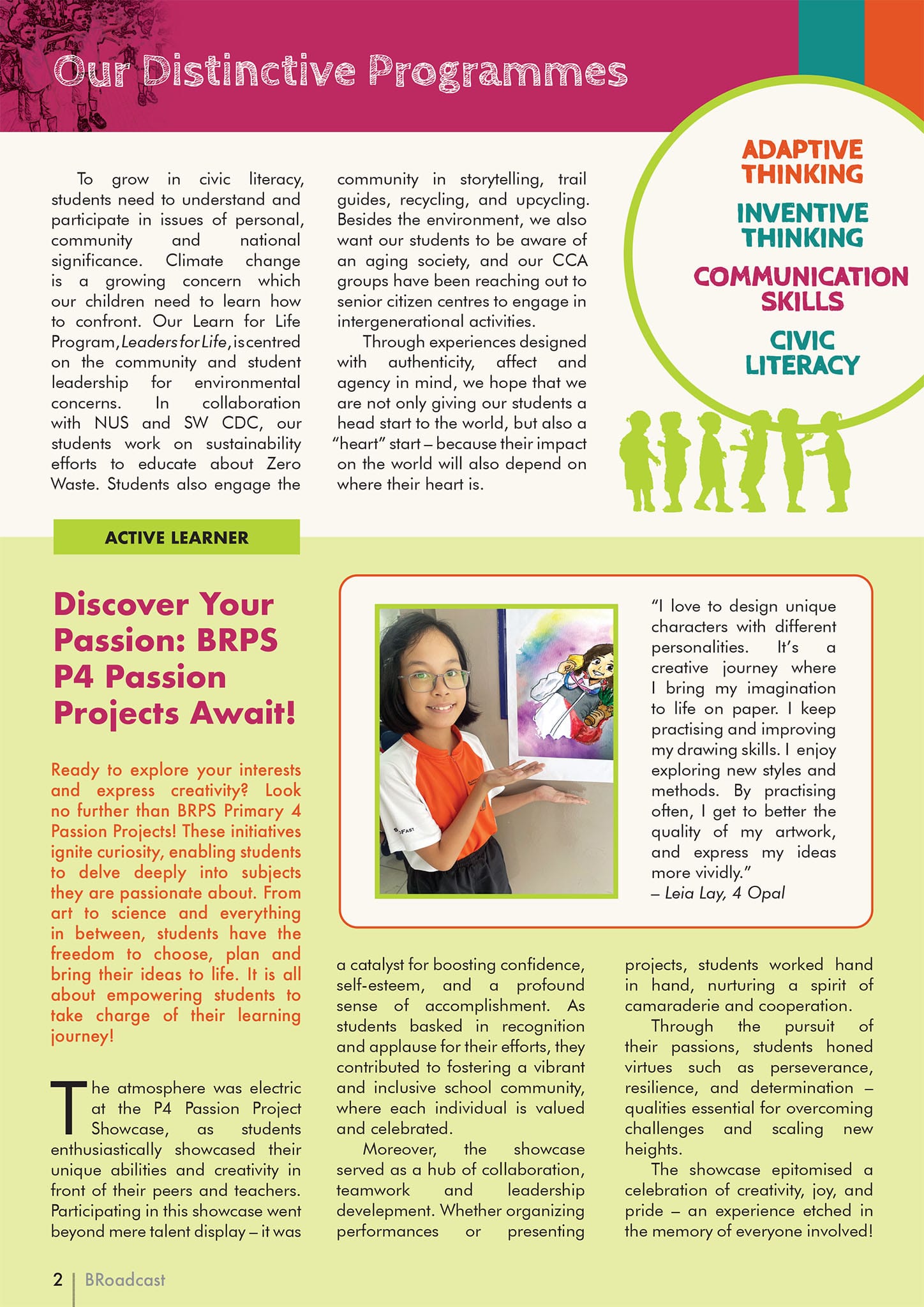 A school newsletter page titled Our Distinctive Programmes featuring a girl holding colorful artwork beside a student quote.