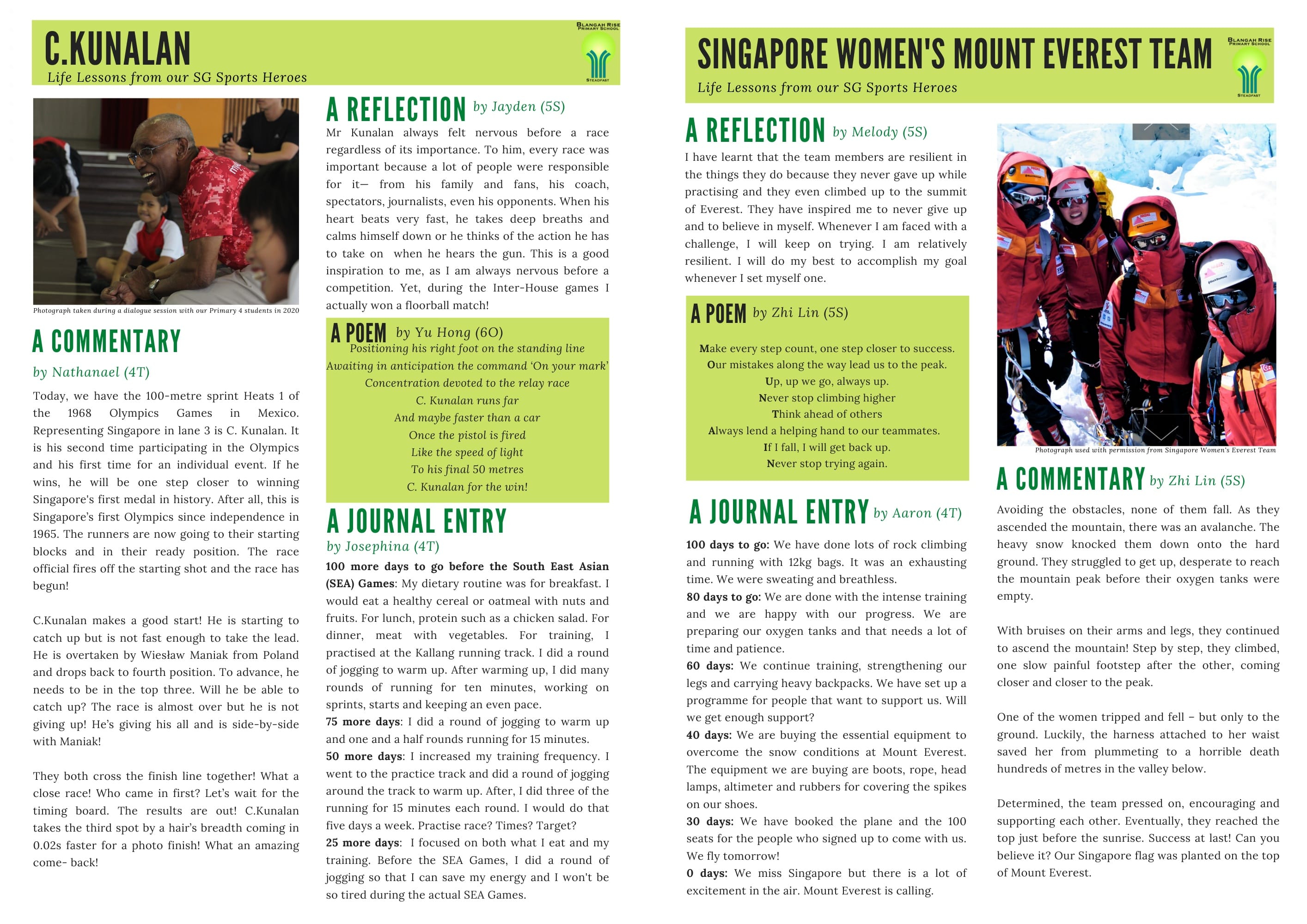 A two-page school newsletter featuring articles, poems, and reflections about Singapore sports heroes C. Kunalan and the Women's Mount Everest Team.