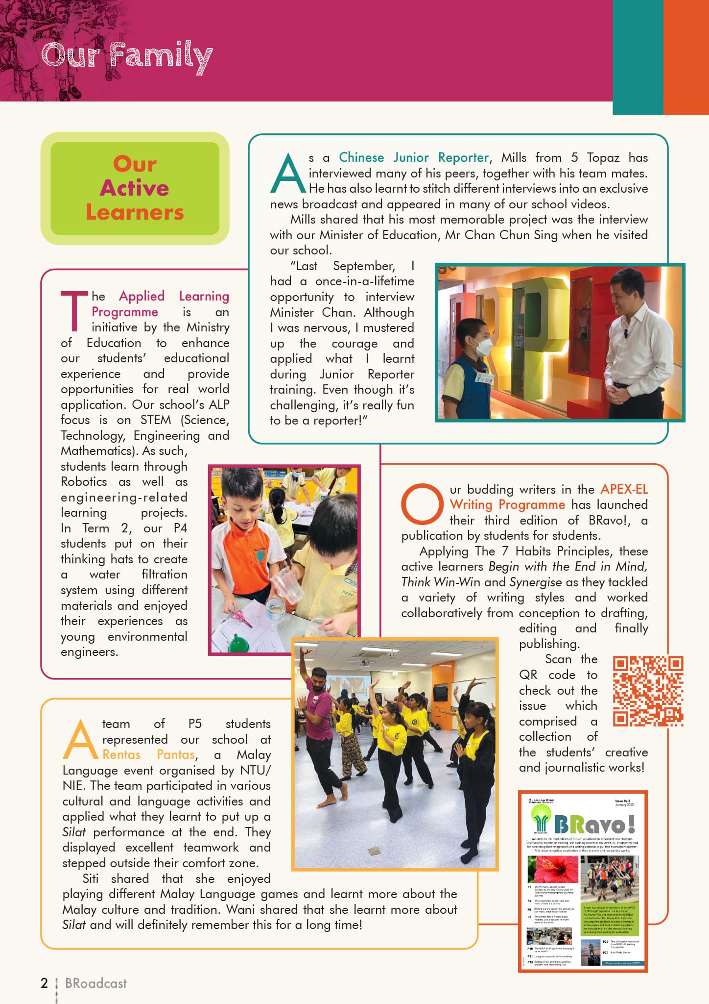 School newsletter page titled "Our Family" featuring student learning activities, photos, and program descriptions.