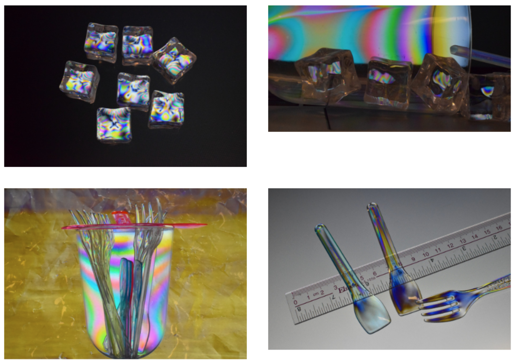Four photos showing colorful rainbow light patterns on clear plastic cubes, a cup, and miniature fork and spatula next to a ruler.