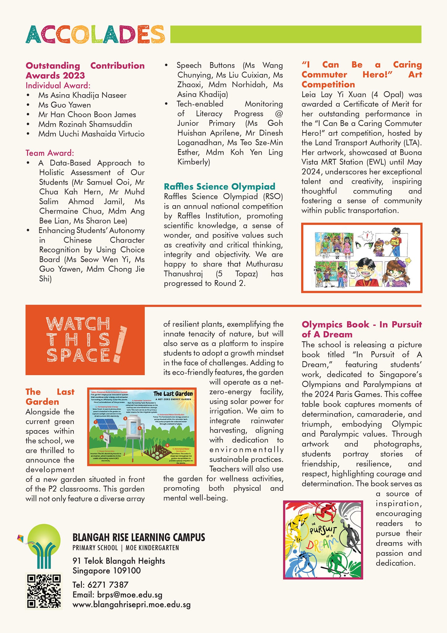 School newsletter page titled Accolades listing awards, science olympiad news, art competition, and a new garden project.