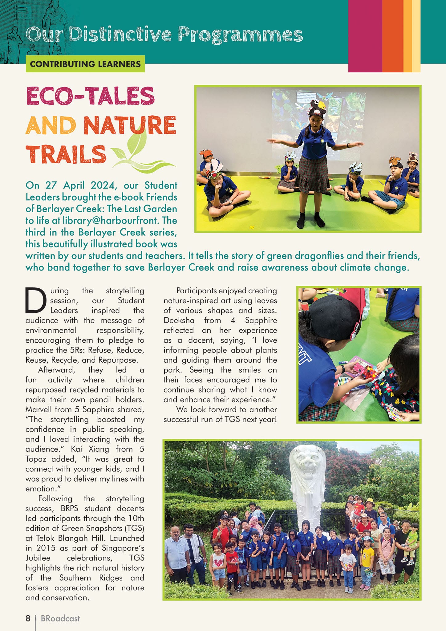 School newsletter page about Eco-Tales and Nature Trails programme, featuring students in animal hats during a storytelling session.
