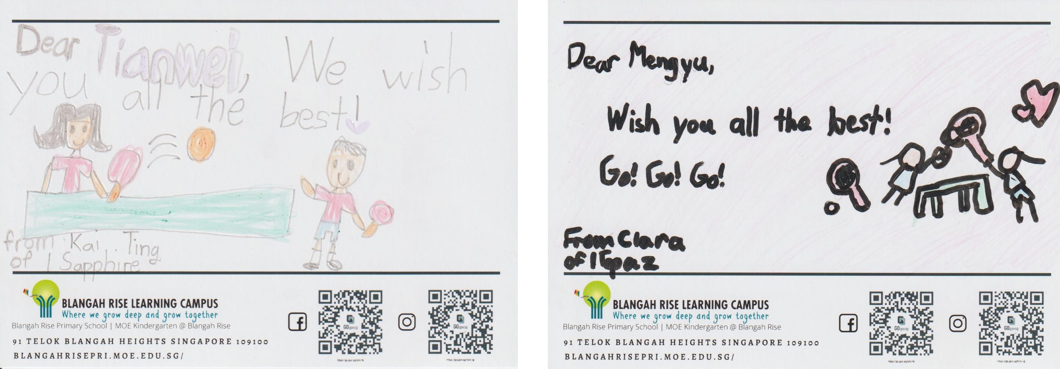 Two handwritten school cards from Blangah Rise wishing Tianwei and Mengyu all the best, with children's drawings.