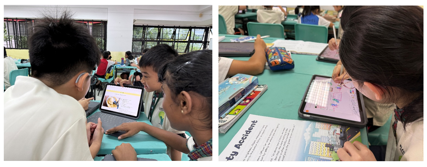 Two photos of children in a classroom using tablets at teal desks, with books and pencil cases nearby.