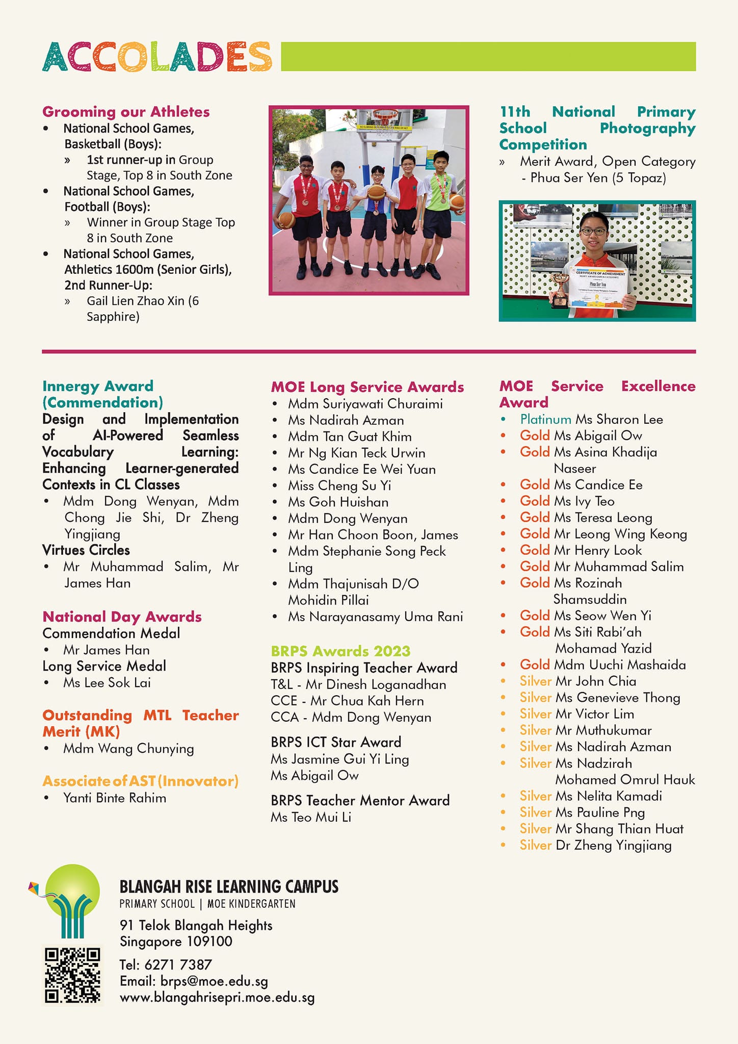 A school accolades newsletter listing sports, teaching, and service awards with two photos of students.
