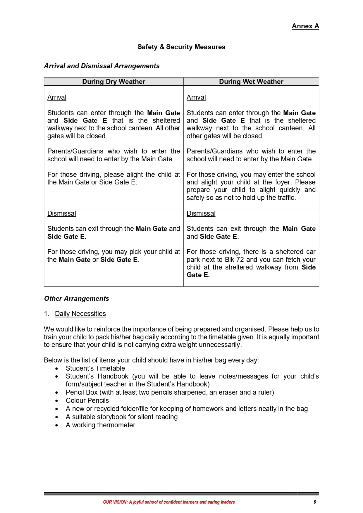 Document titled Annex A showing school Safety and Security Measures with arrival, dismissal, and daily necessities guidelines.