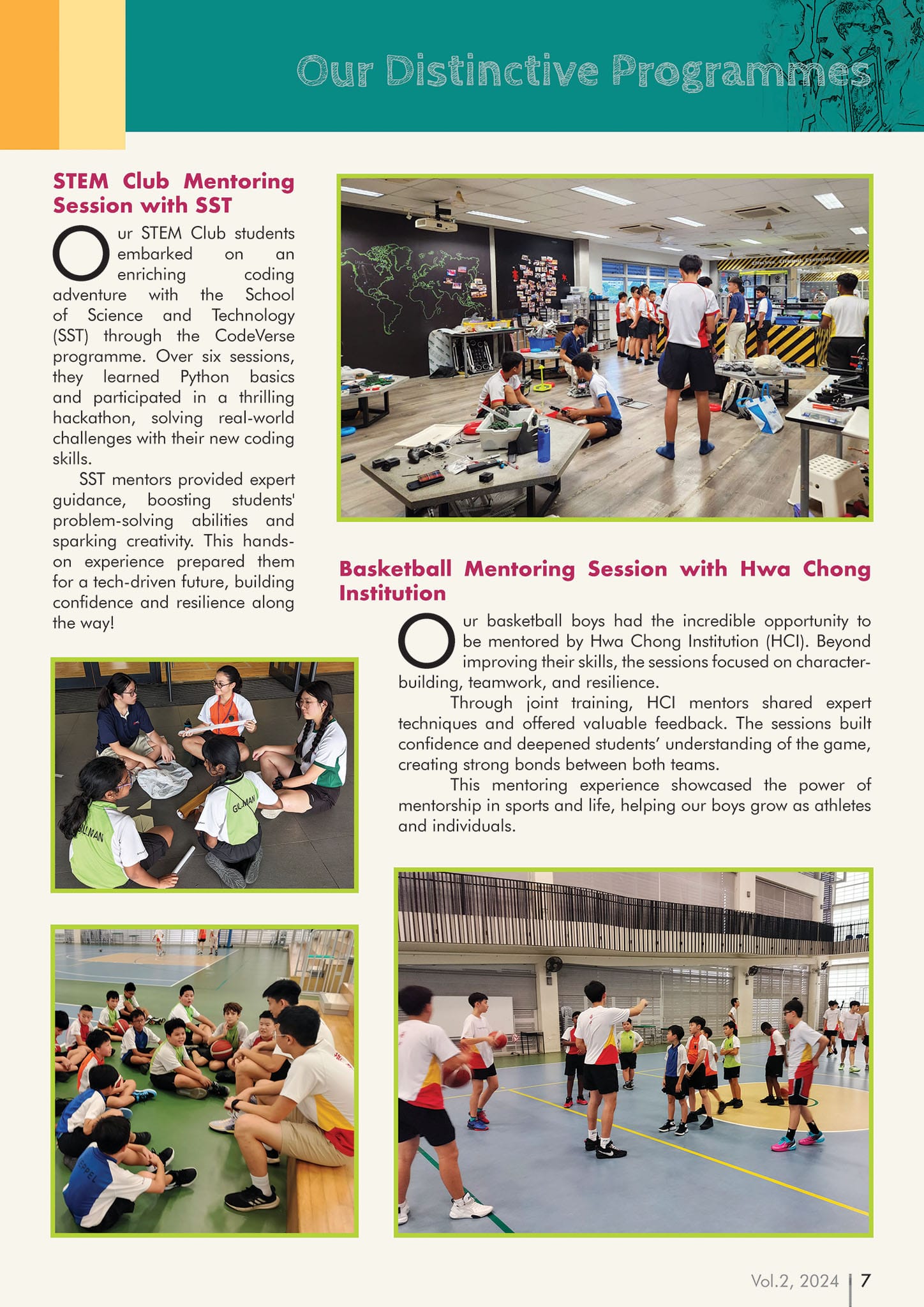 School newsletter page showing STEM coding sessions and basketball mentoring activities with students in classrooms and a gym.