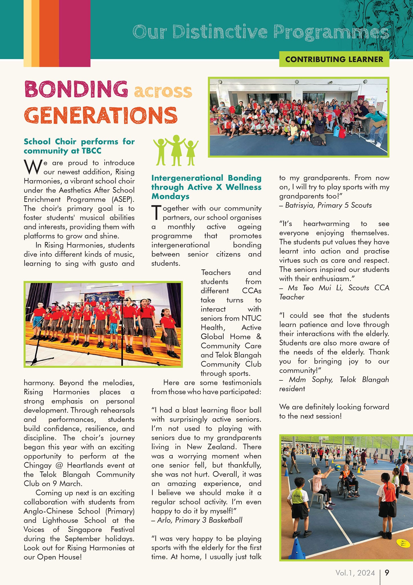 School newsletter page titled Bonding Across Generations with photos of students performing and playing sports with seniors.