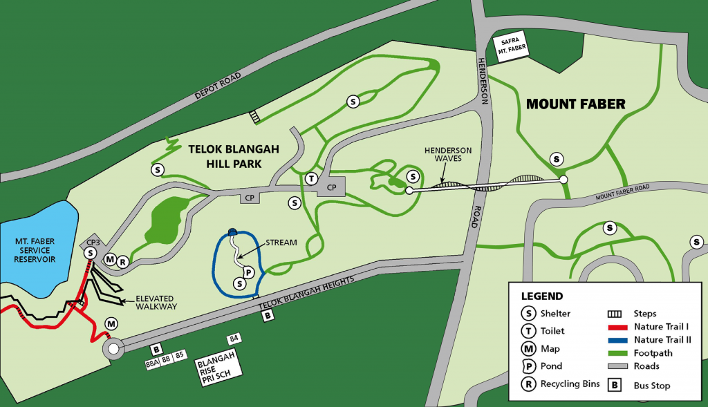 Trail map of Telok Blangah Hill Park and Mount Faber showing nature trails, shelters, roads, and a legend.