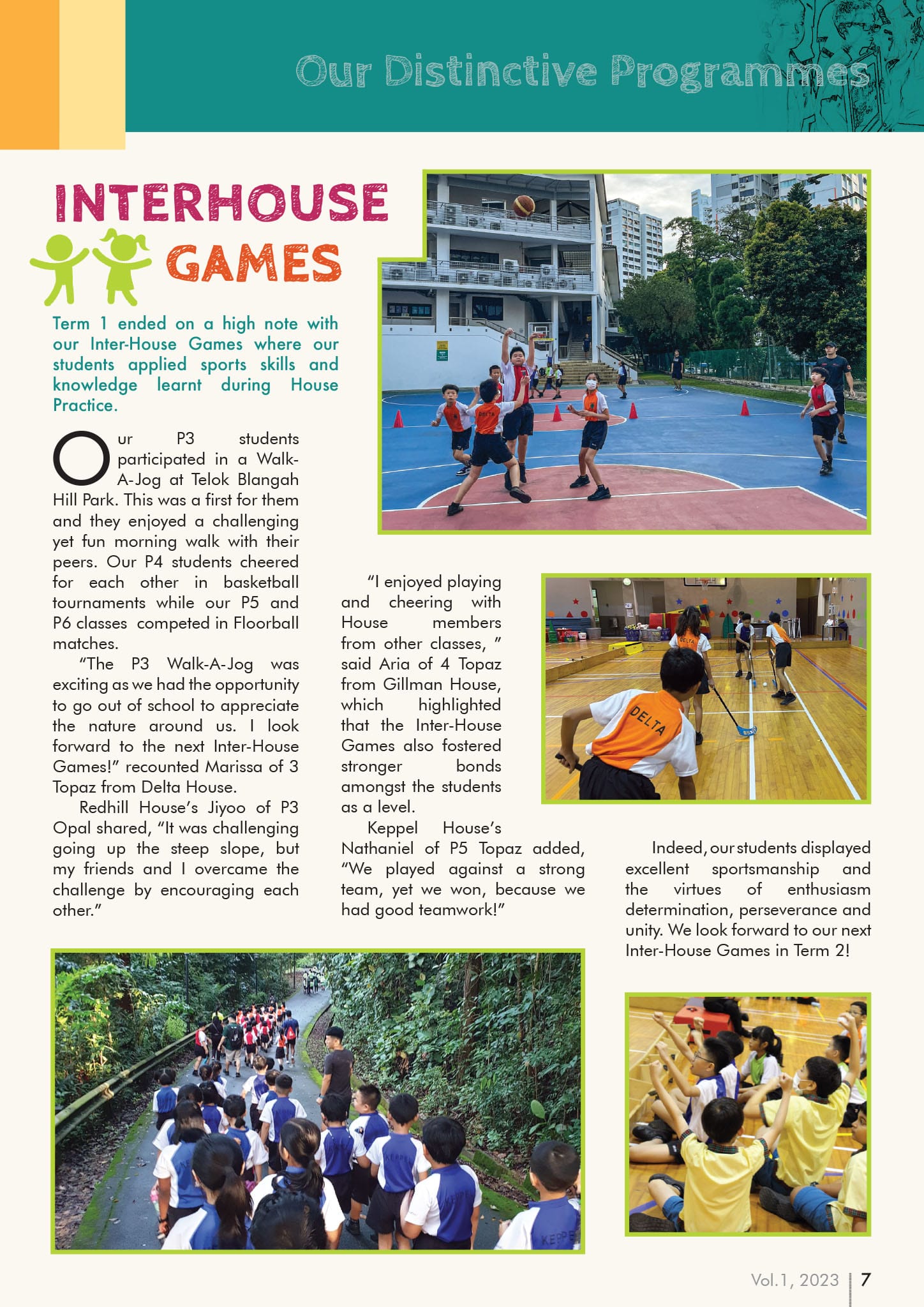 School newsletter page about Interhouse Games featuring students playing basketball, floorball, and walking on a forest path.
