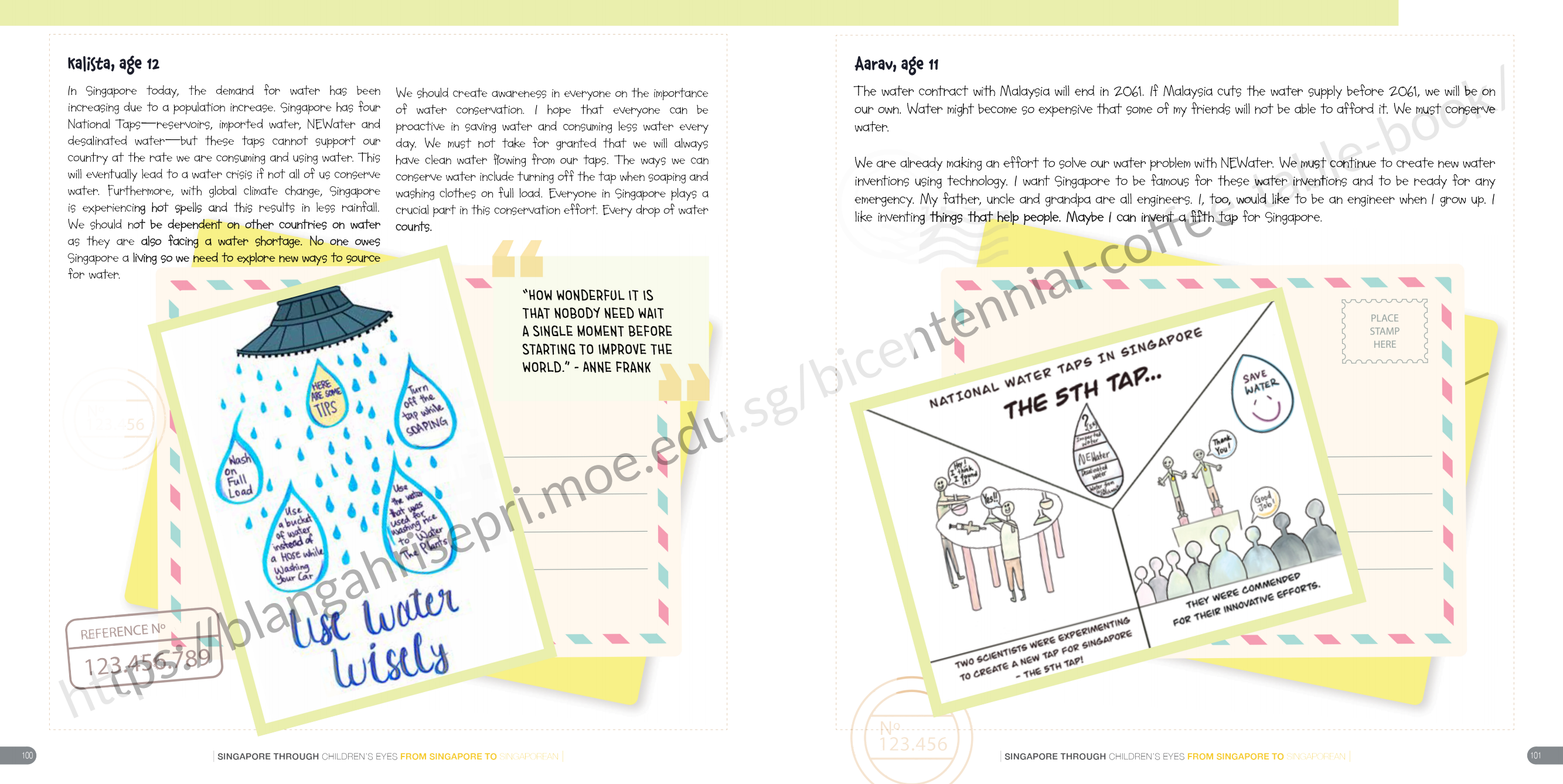 Two children's essays and postcards about Singapore water conservation, featuring hand-drawn illustrations on postcard designs.