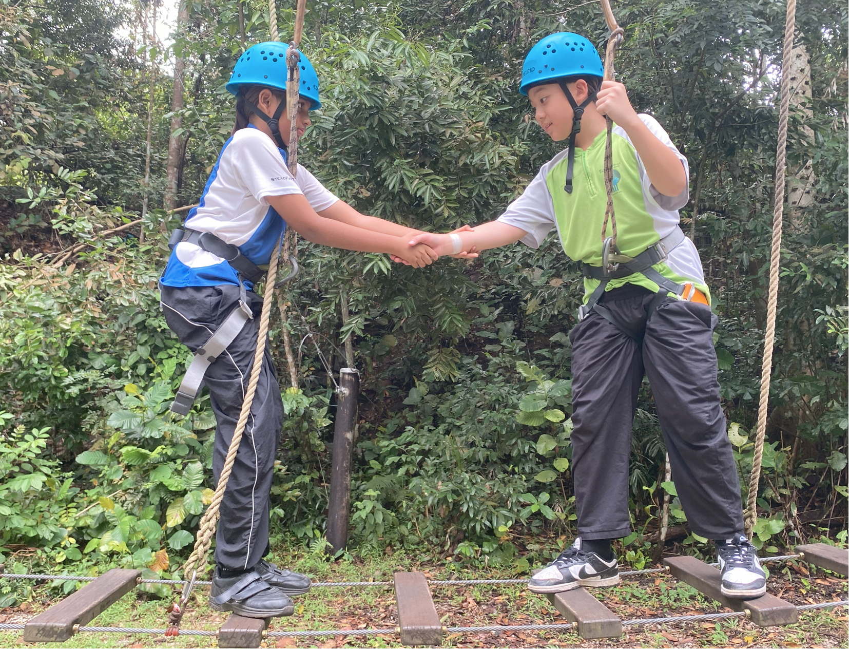 Two kids in blue helmets and harnesses shake hands while balancing on rope course planks in a forest.