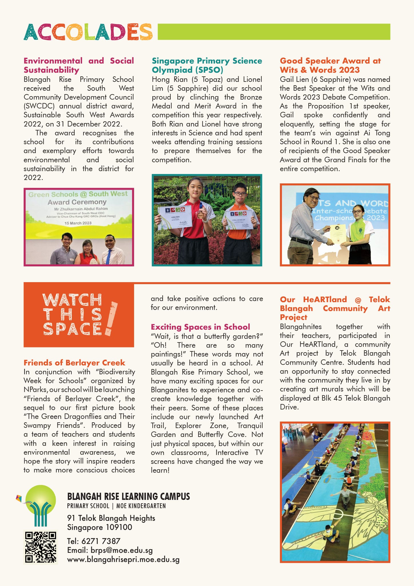 School newsletter titled Accolades from Blangah Rise Primary School highlighting student awards and community projects.