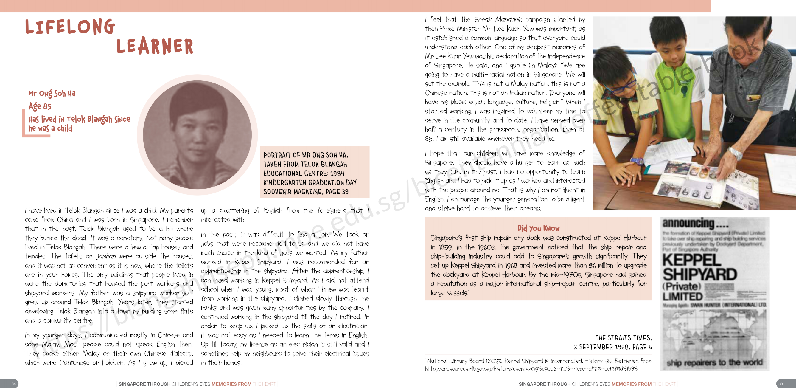 Magazine spread titled Lifelong Learner featuring a portrait of Mr Ong Soh Ha and text about his life in Singapore.