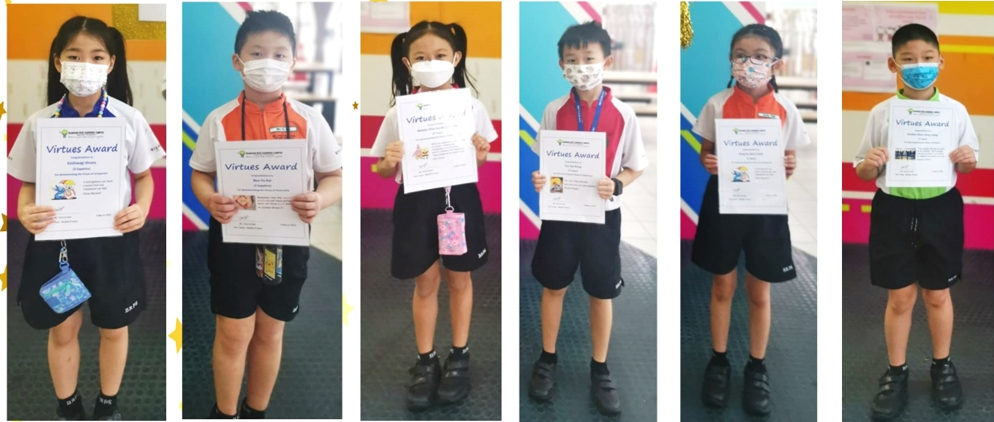 Six masked children in school uniforms each holding a Virtues Award certificate.