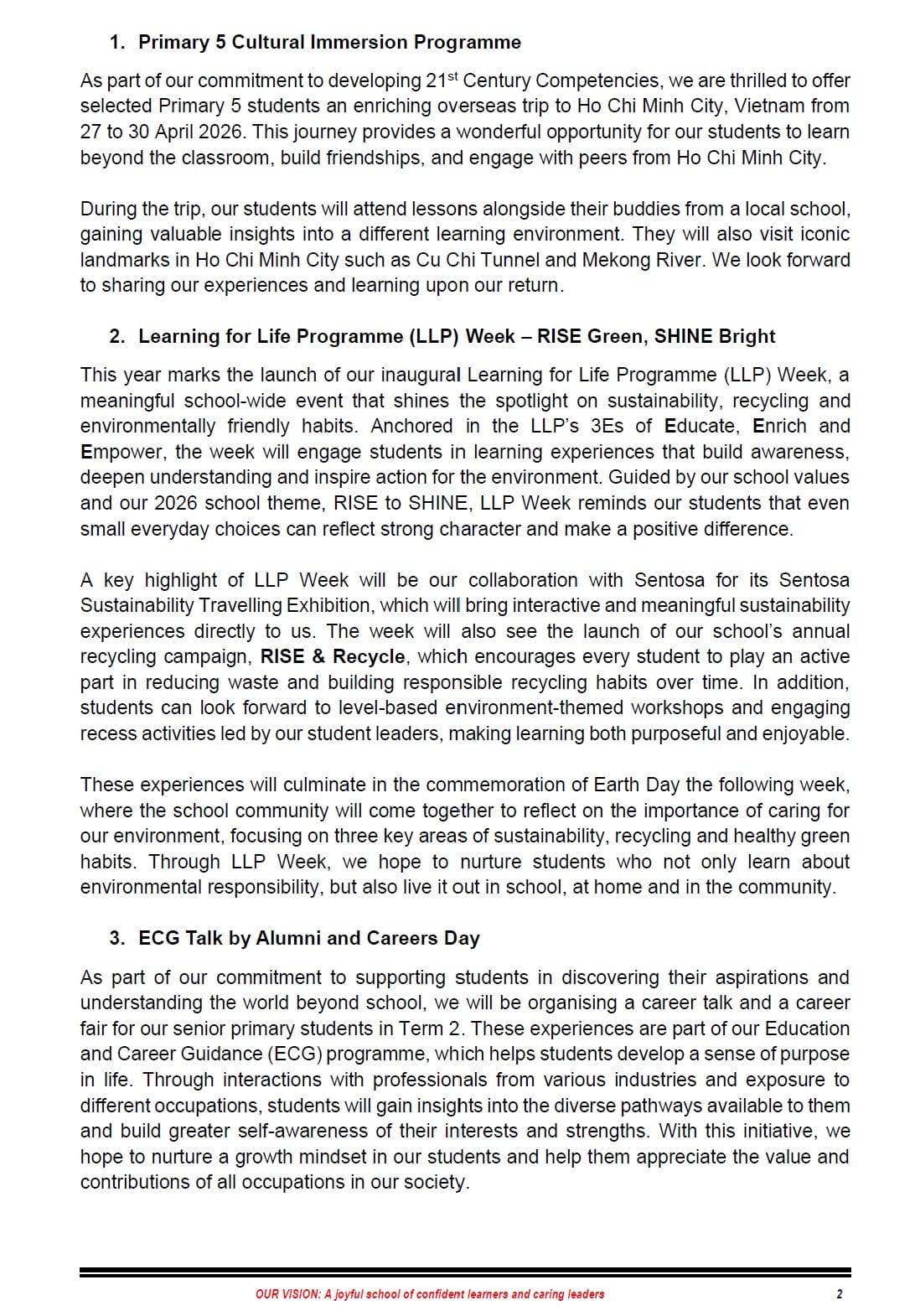 Page 2 of a school newsletter with three sections on Cultural Immersion, LLP Week, and ECG Careers Day.