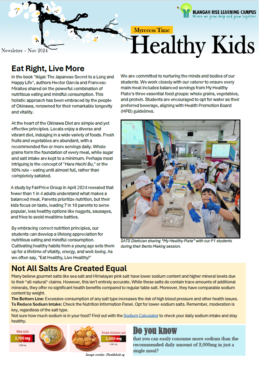 Newsletter titled Healthy Kids from Blangah Rise Learning Campus, November 2024, with nutrition articles and food photos.