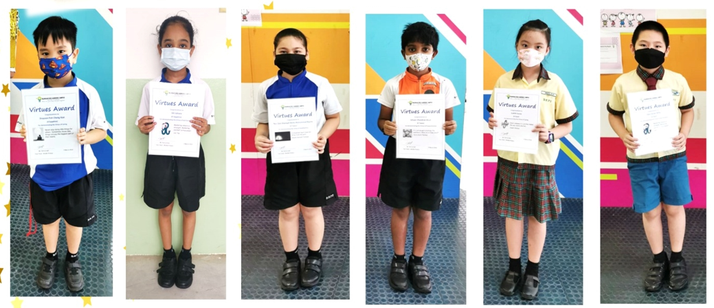 Six masked children in school uniforms each hold a Virtues Award certificate while standing indoors.