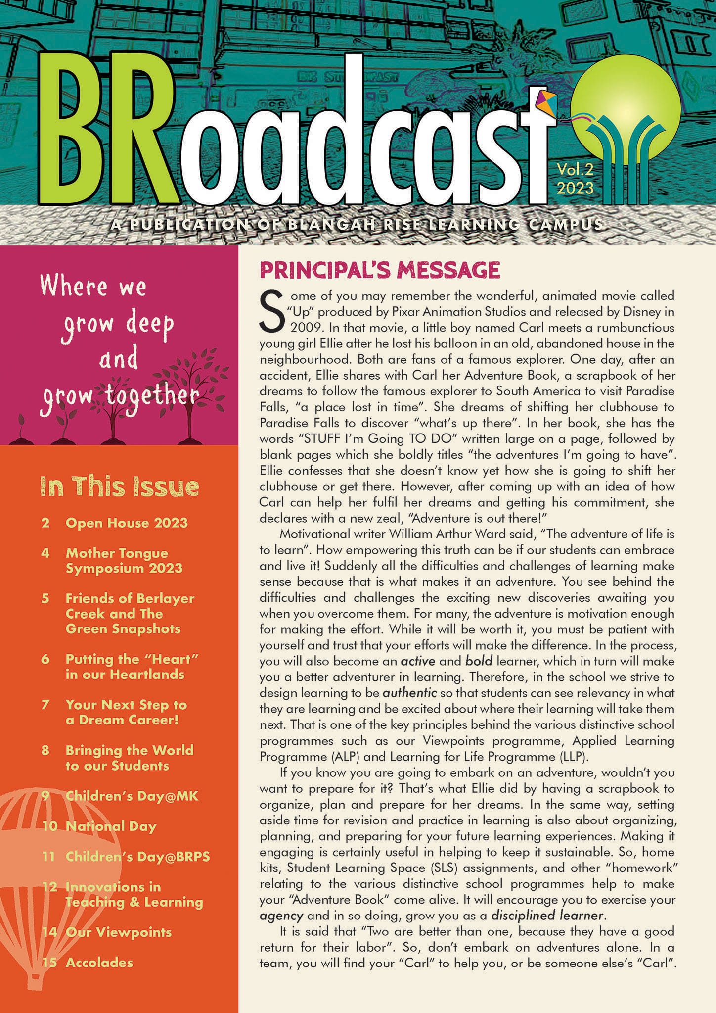Cover of BRoadcast Vol.2 2023 newsletter from Blangah Rise Learning Campus with table of contents and principal's message.