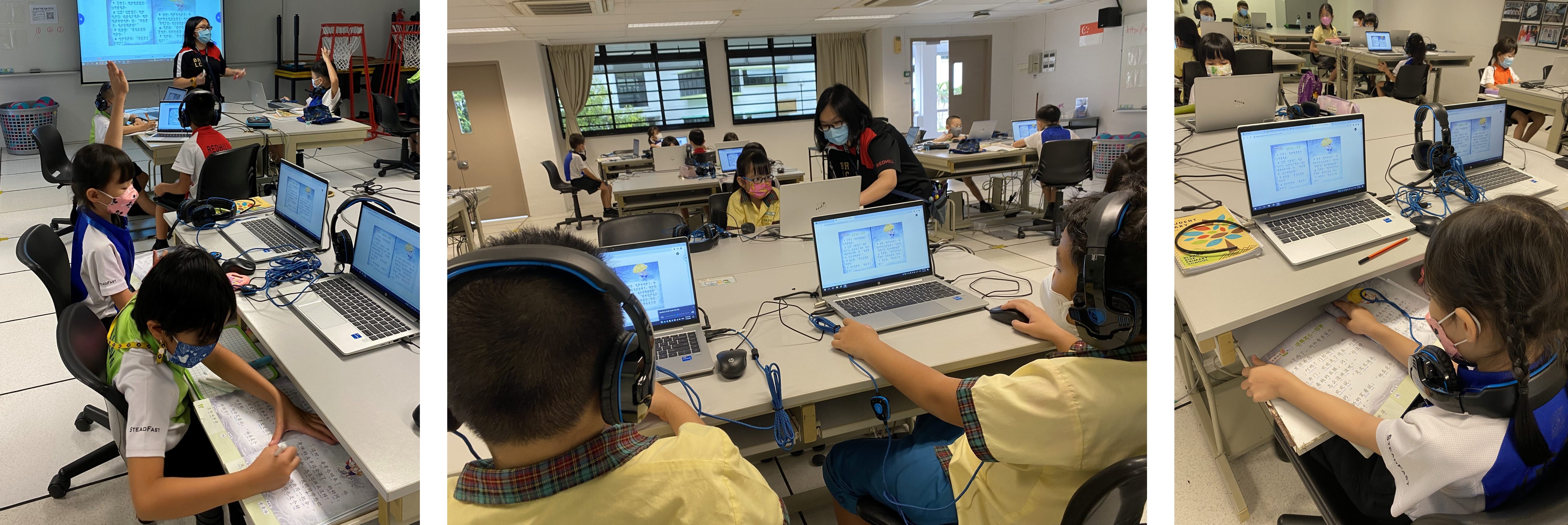 Three classroom scenes showing young masked students using laptops with headphones while a teacher assists them.