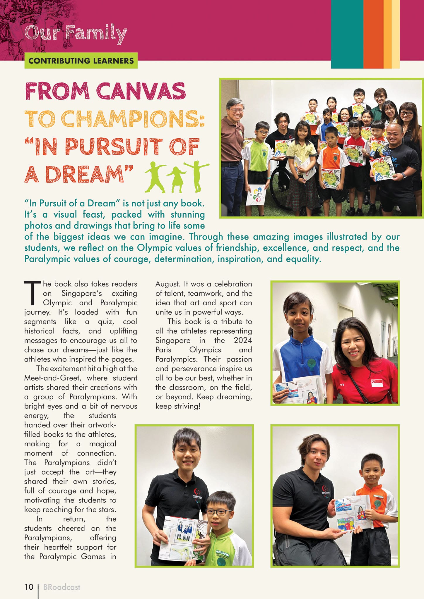 Magazine page titled "From Canvas to Champions" showing students and Paralympians holding artwork-filled books.