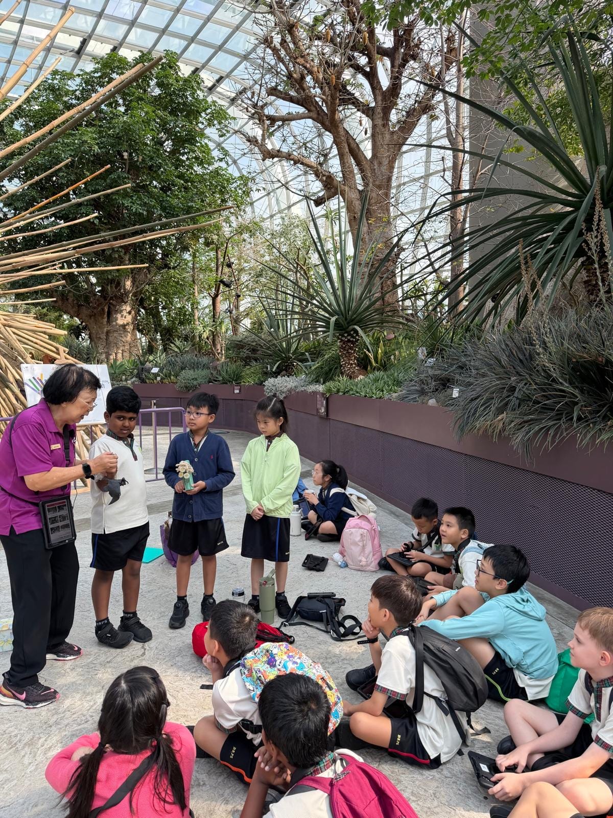 A teacher in purple leads a group of young students in a large indoor greenhouse with tall trees and plants.