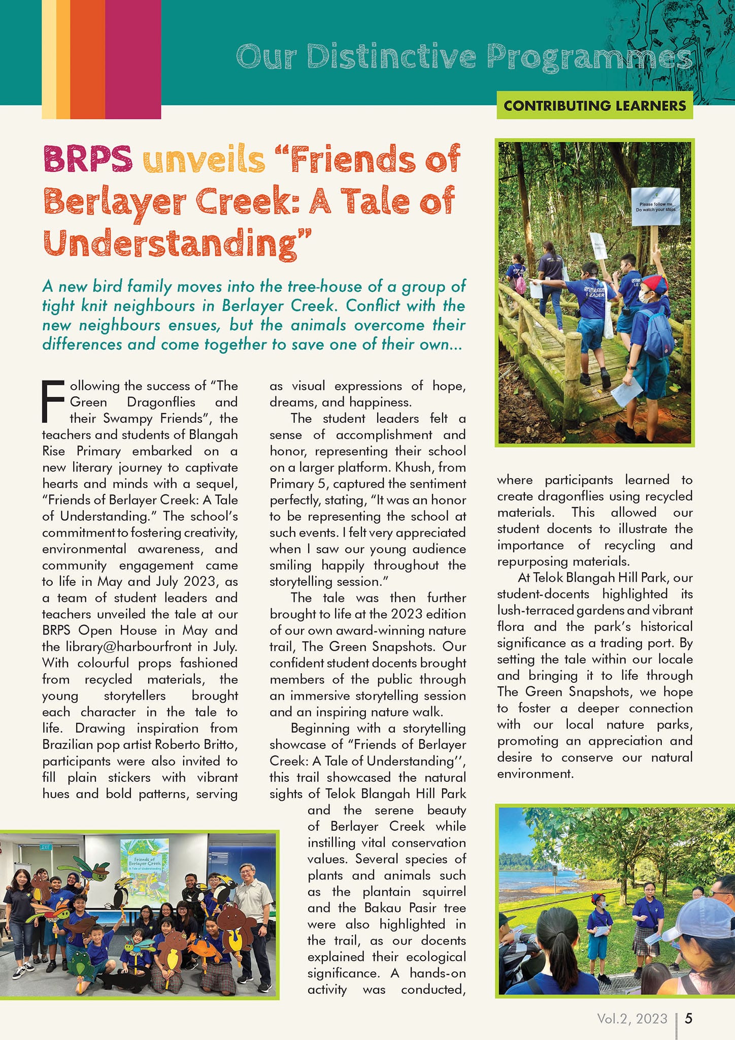 School newsletter page about BRPS Friends of Berlayer Creek programme with students on a nature trail and group photo.